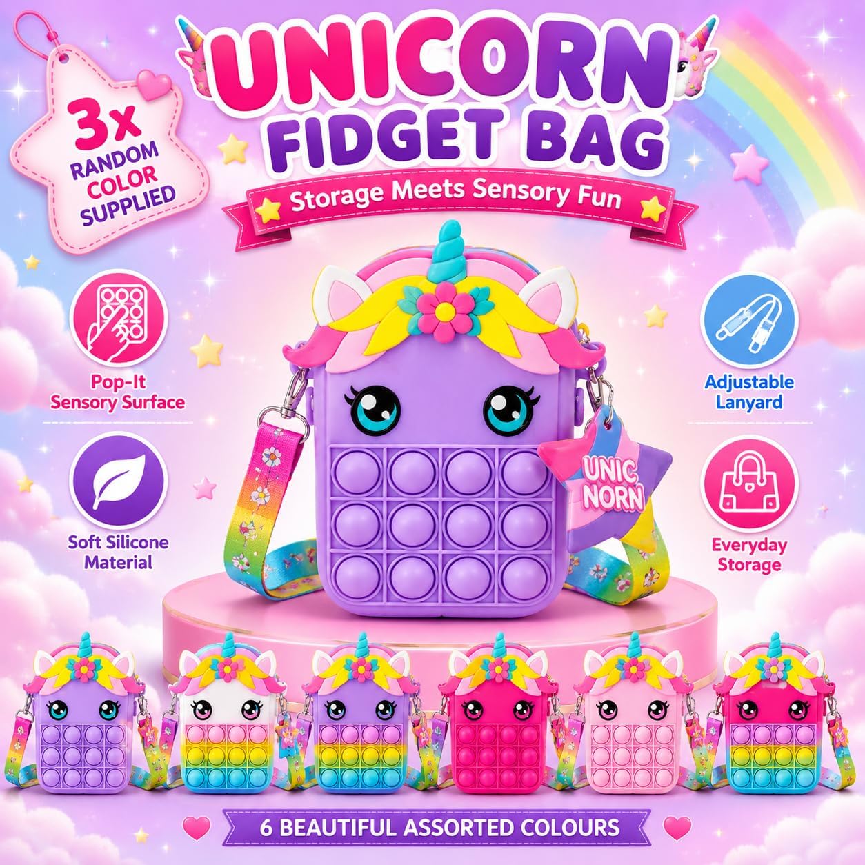 Random Unicorn Pop-It Fidget Bag with Lanyard