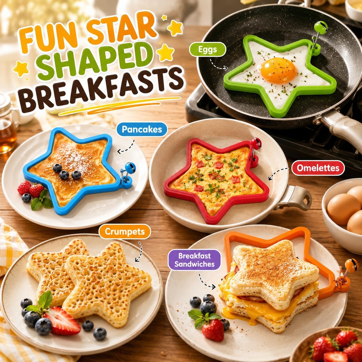 12x Star Silicone Egg Mould Rings with Handle