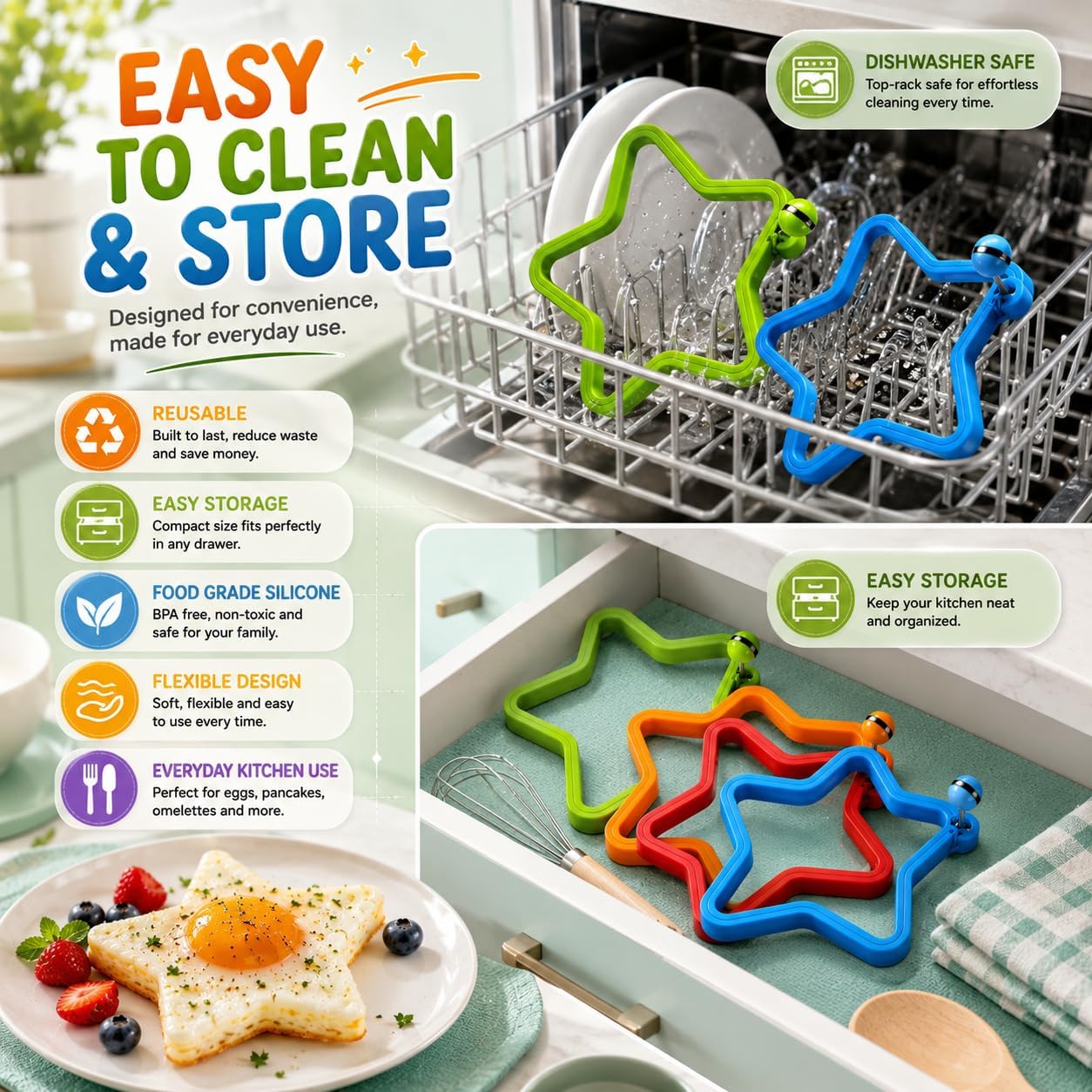 12x Star Silicone Egg Mould Rings with Handle