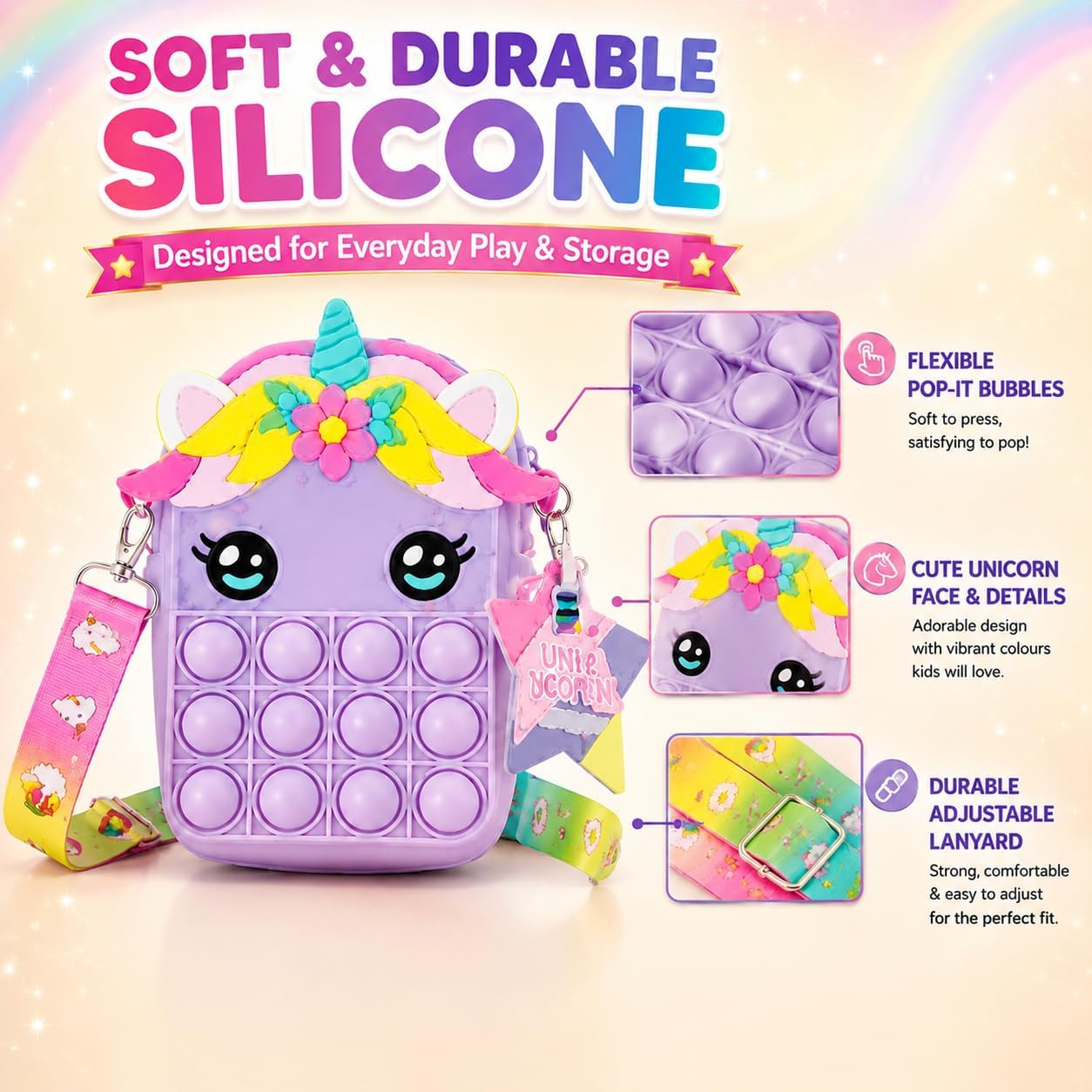 Random Unicorn Pop-It Fidget Bag with Lanyard