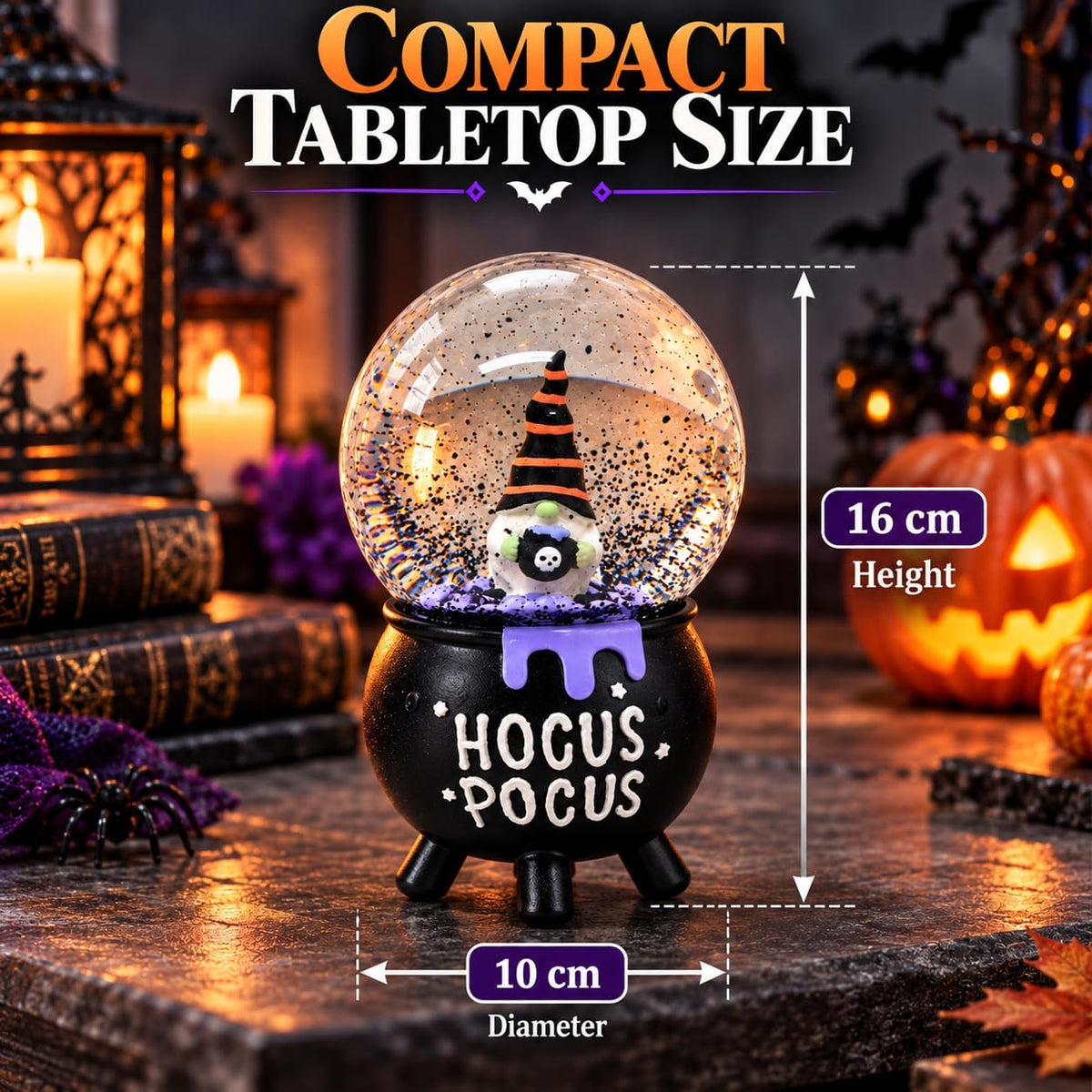 Halloween Gonk Snow Globe Decoration with Hocus 15cm