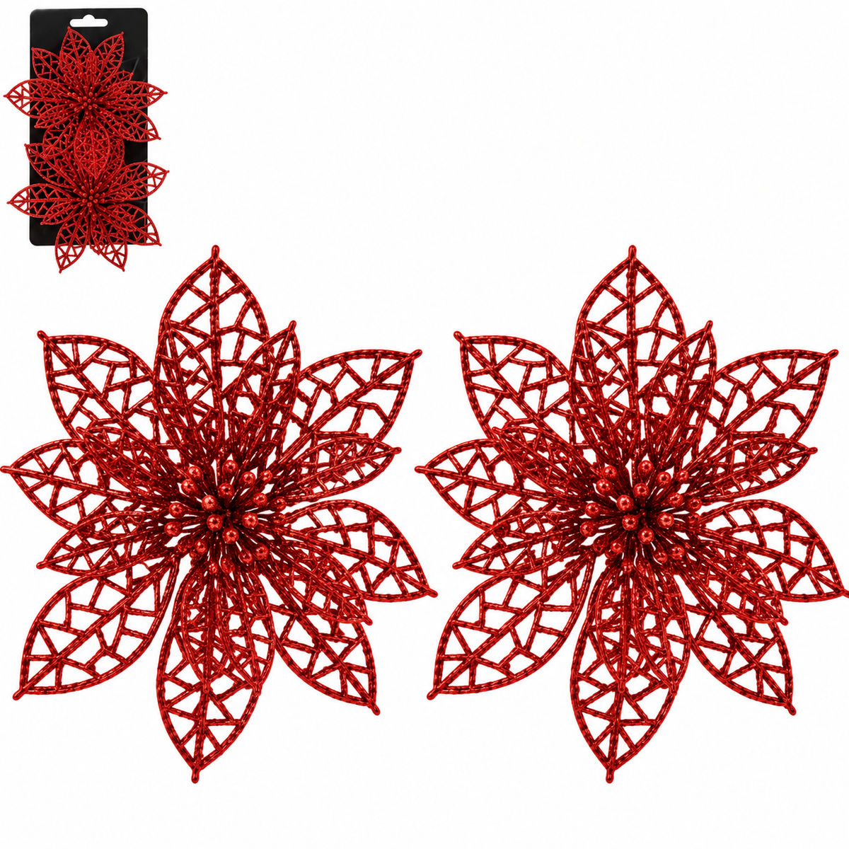2Pcs Christmas Poinsettia Ornaments 15cm