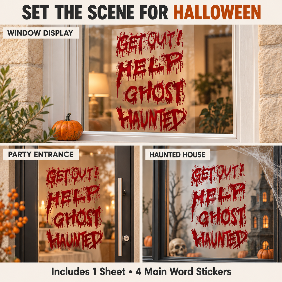 Halloween Bloody Horror Words Window Stickers Sheet