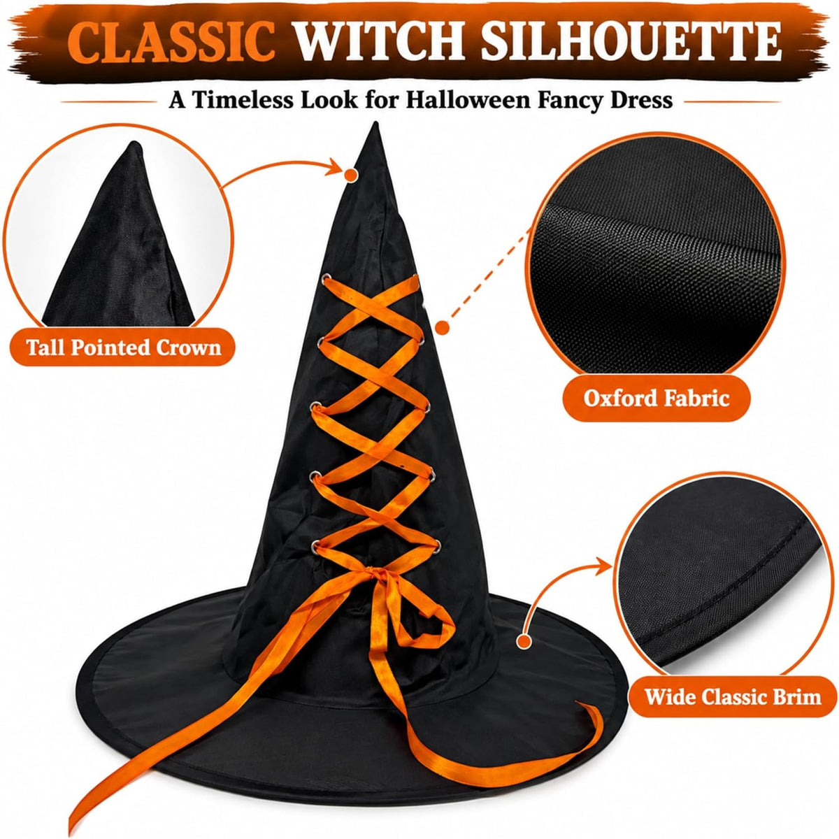 Black Halloween Witch Hat with Colourful Ribbon 40cm Tall
