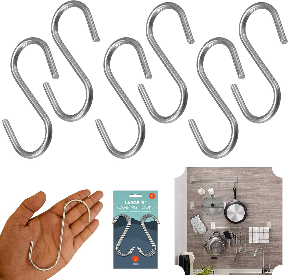 6Pcs Heavy Duty Stainless Steel S Hooks - 12.5cm