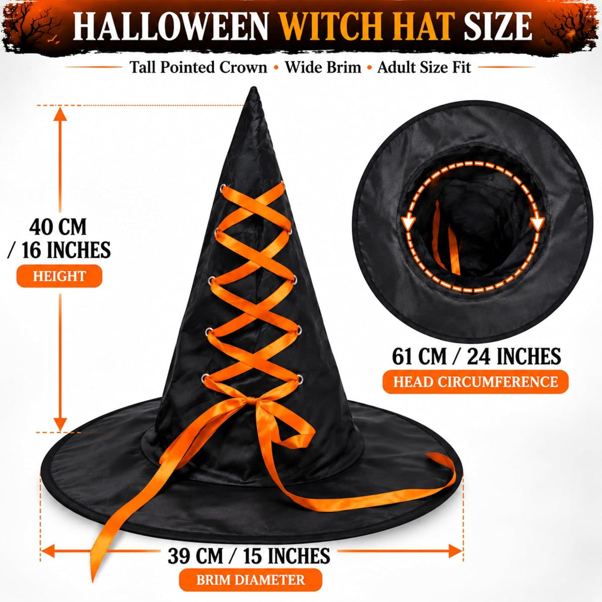 Black Halloween Witch Hat with Colourful Ribbon 40cm Tall