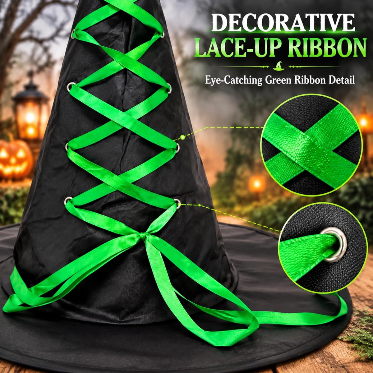 Black Halloween Witch Hat with Colourful Ribbon 40cm Tall