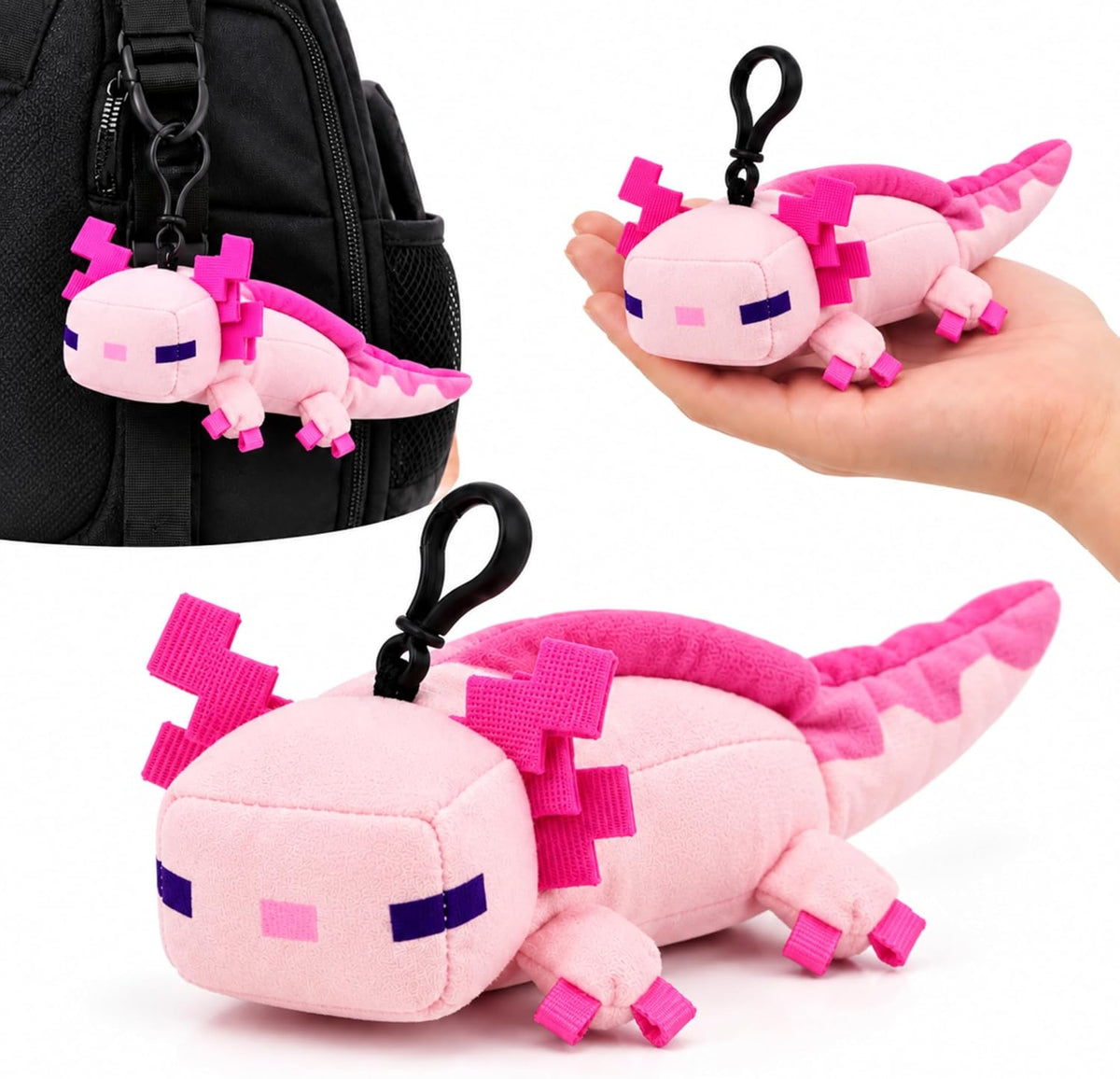 3D Minecraft Axolotl Pink Plush Clip On Keyring