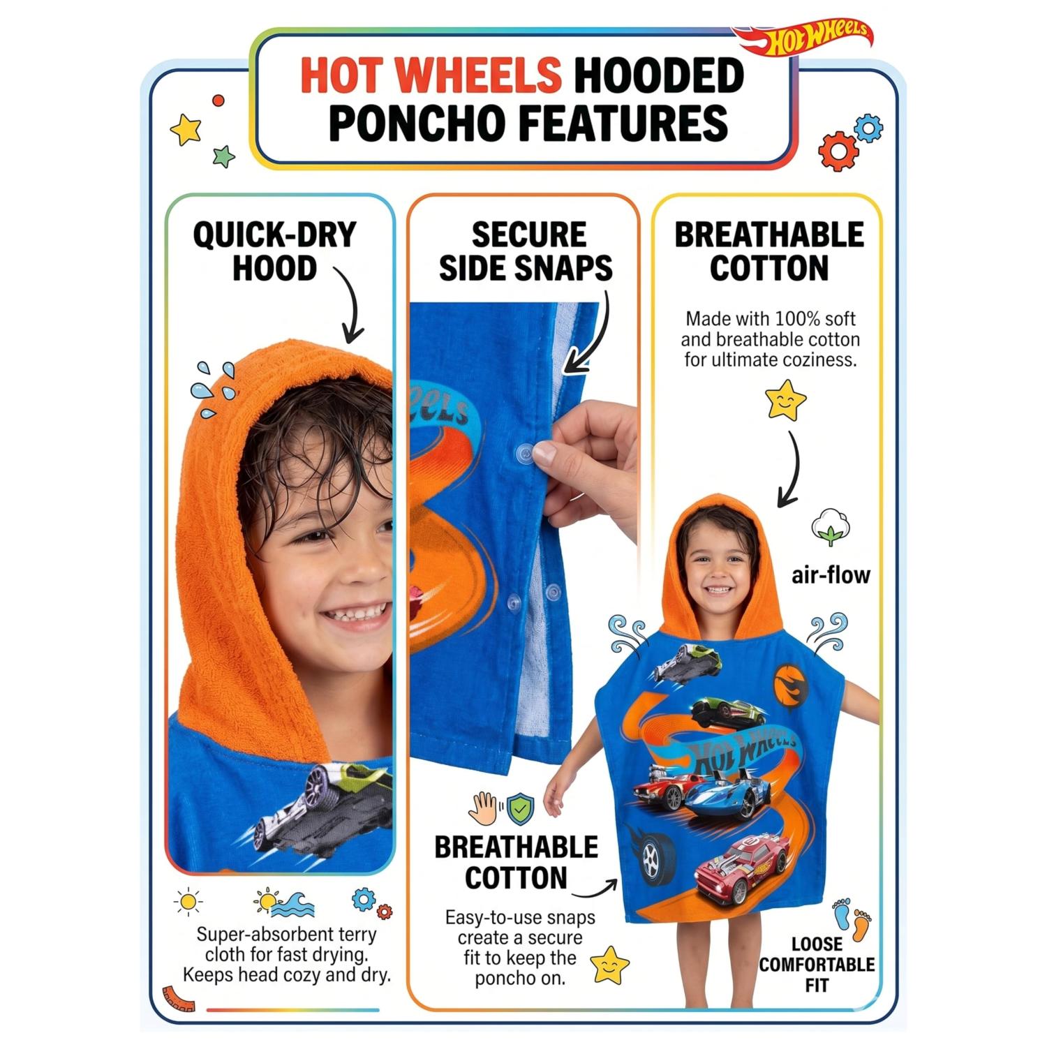 Kids Hooded Towel Poncho Cotton 120cm - Assorted