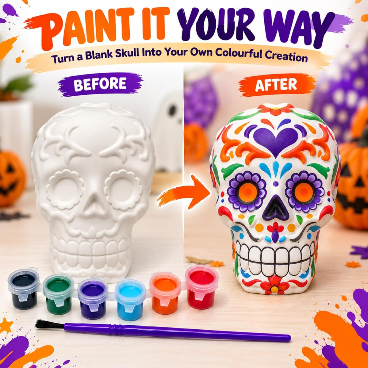 8PCs Halloween Paint Your Own Plaster Skull Craft Kit