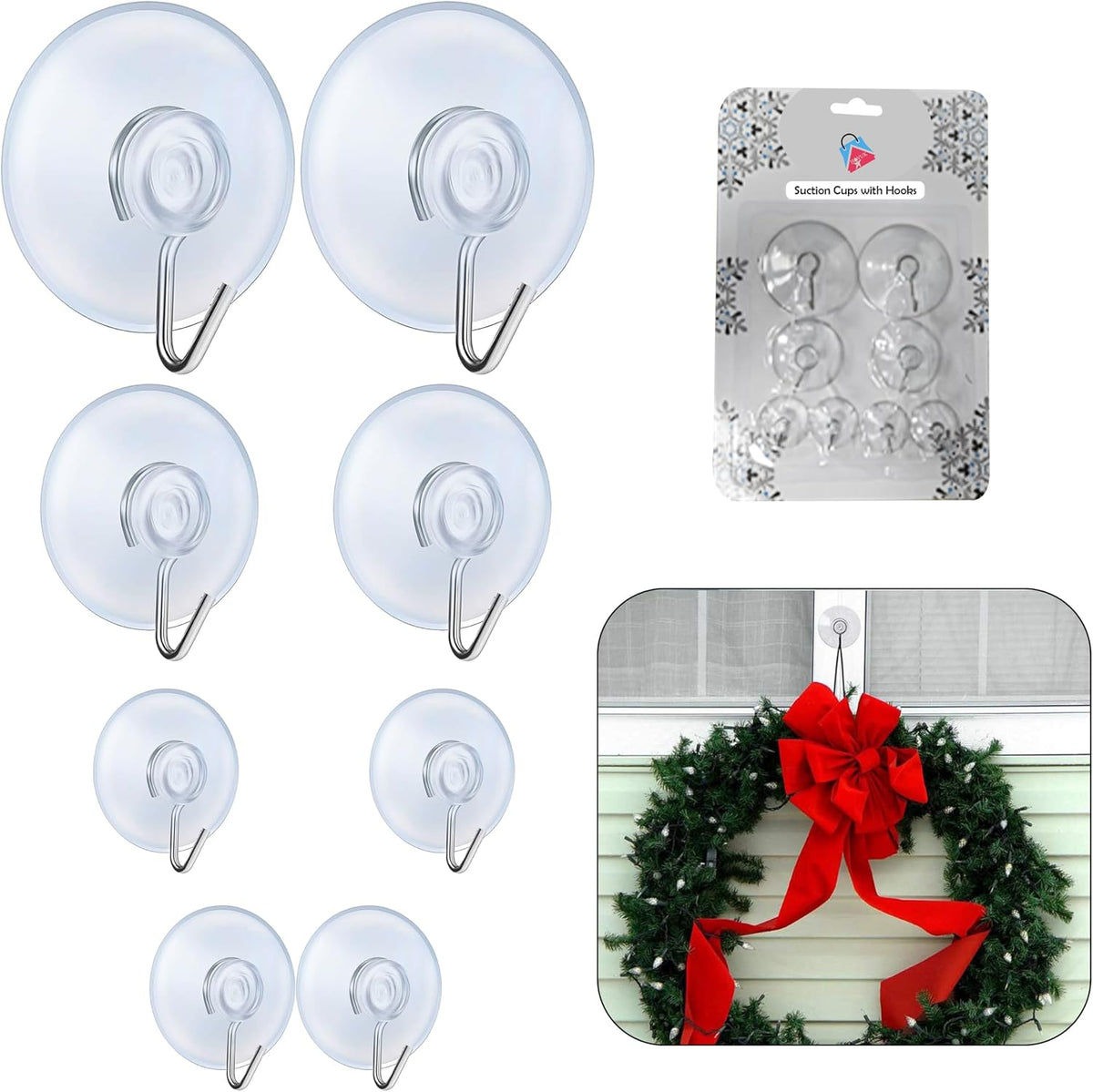 Clear 8Pcs Suction Cup Hooks - Assorted Sizes