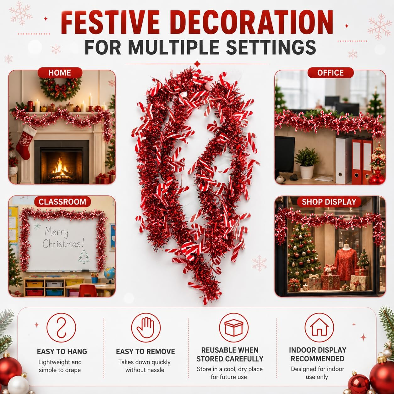 2M Candy Cane Tinsel Garland