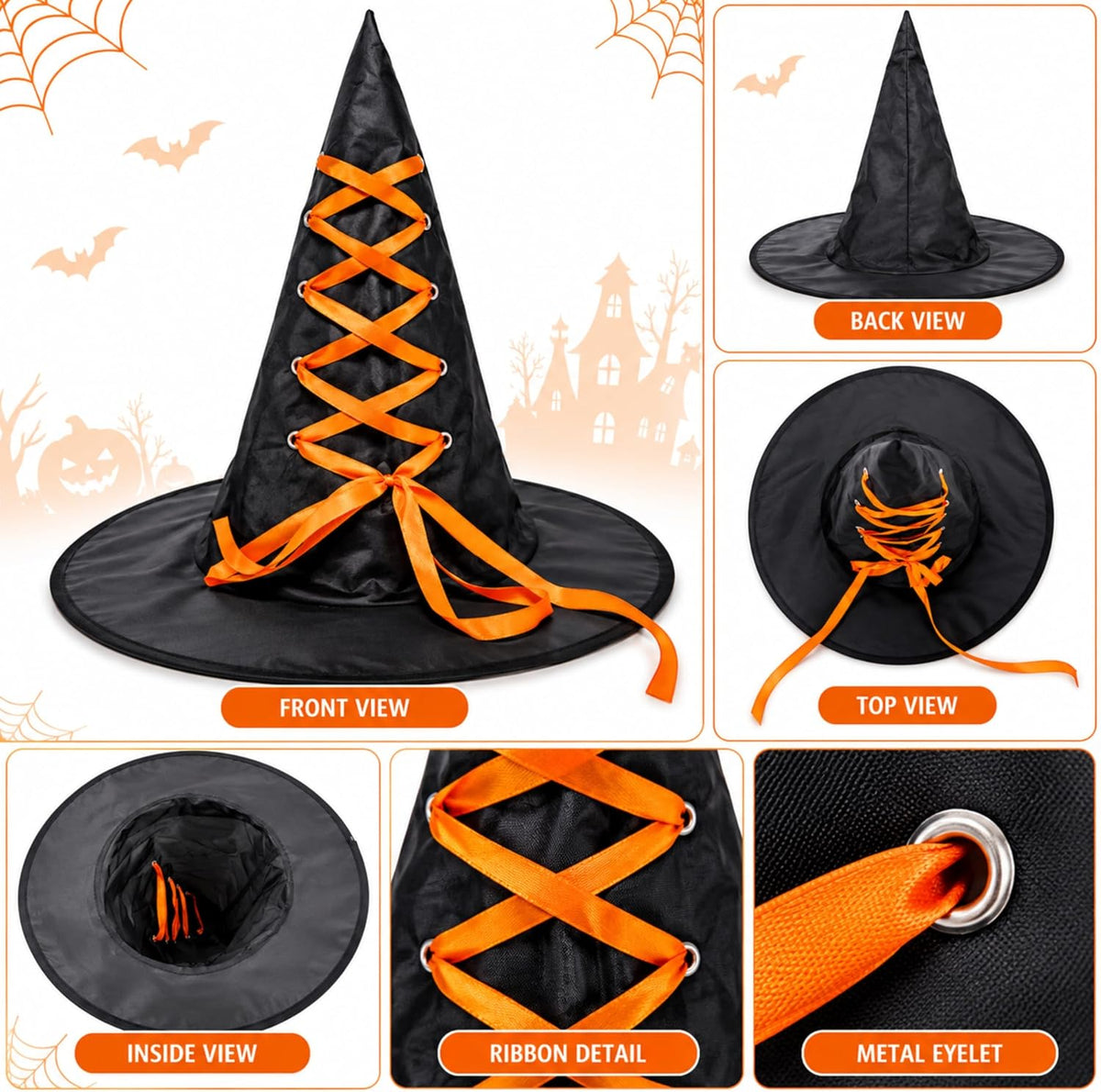 Black Halloween Witch Hat with Colourful Ribbon 40cm Tall