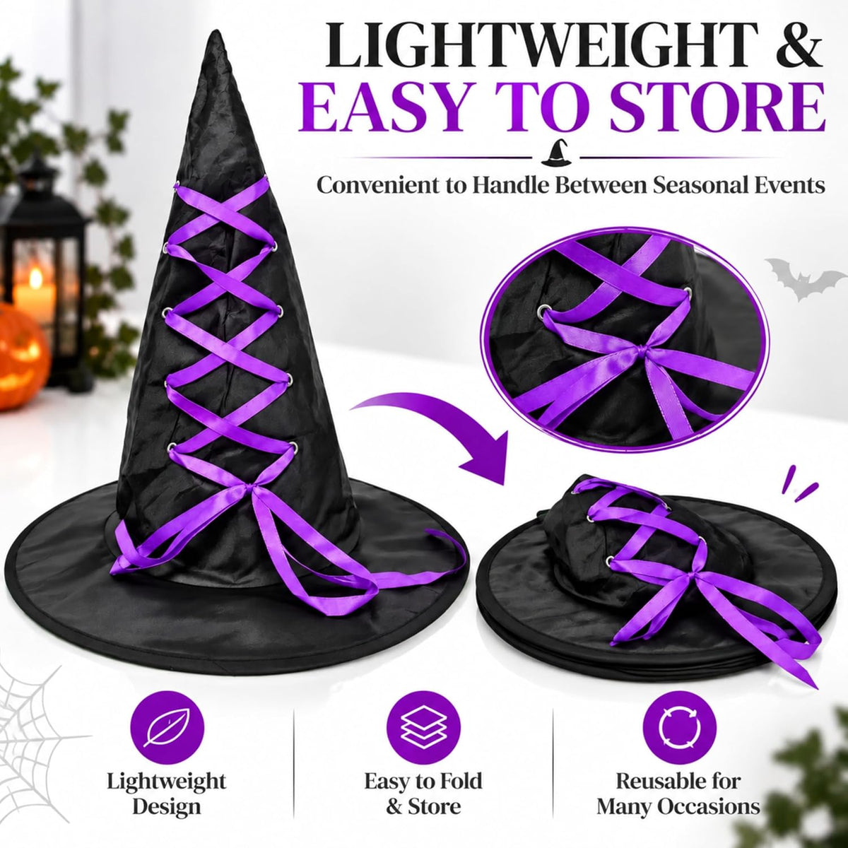 Black Halloween Witch Hat with Colourful Ribbon 40cm Tall