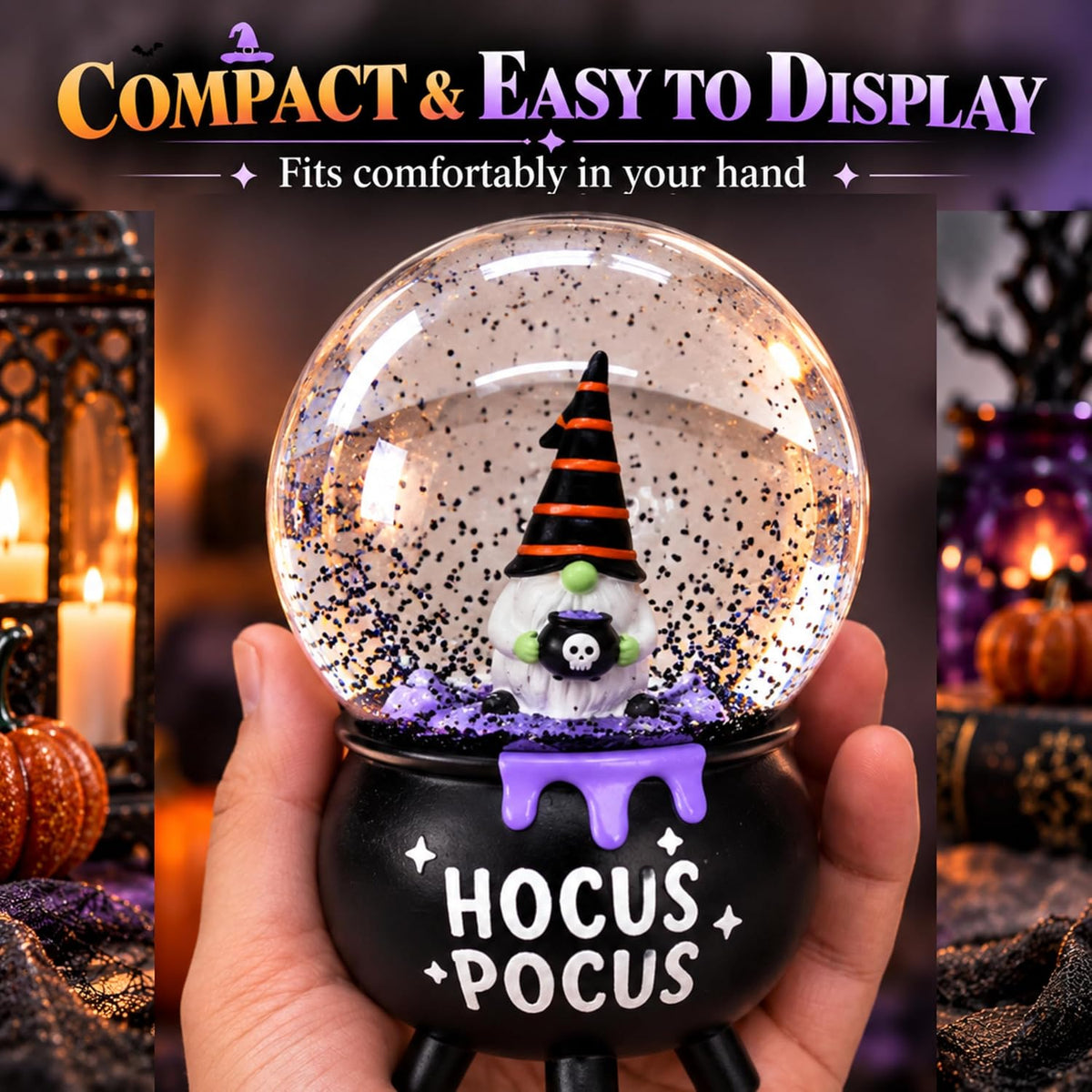 Halloween Gonk Snow Globe Decoration with Hocus 15cm