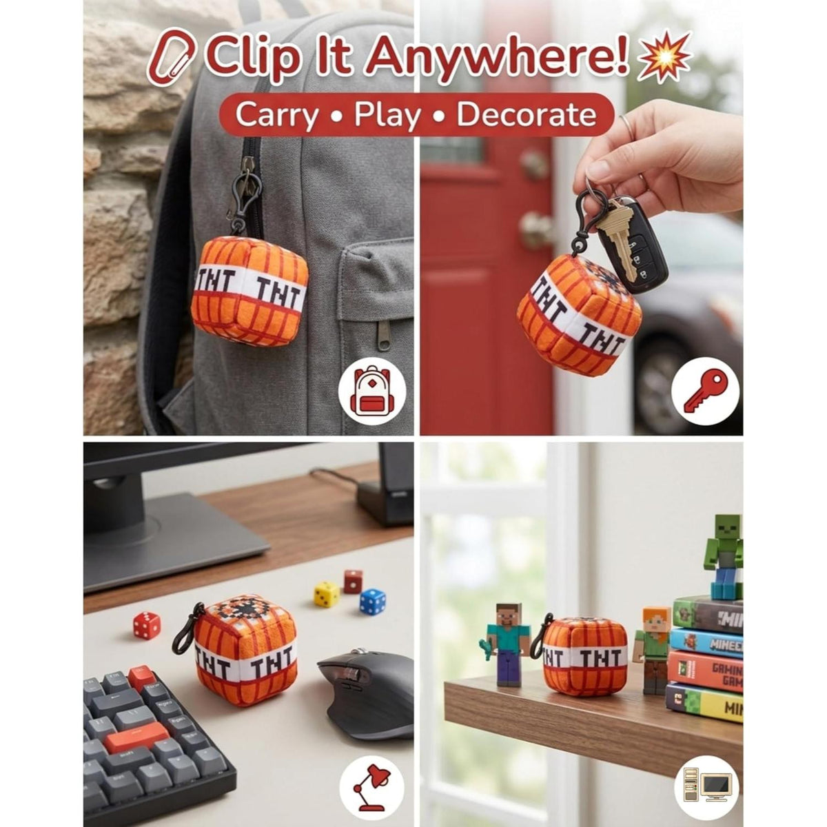 Minecraft TNT Kids Licensed Minecraft Plush Cube Clip-On Keychain – view 6
