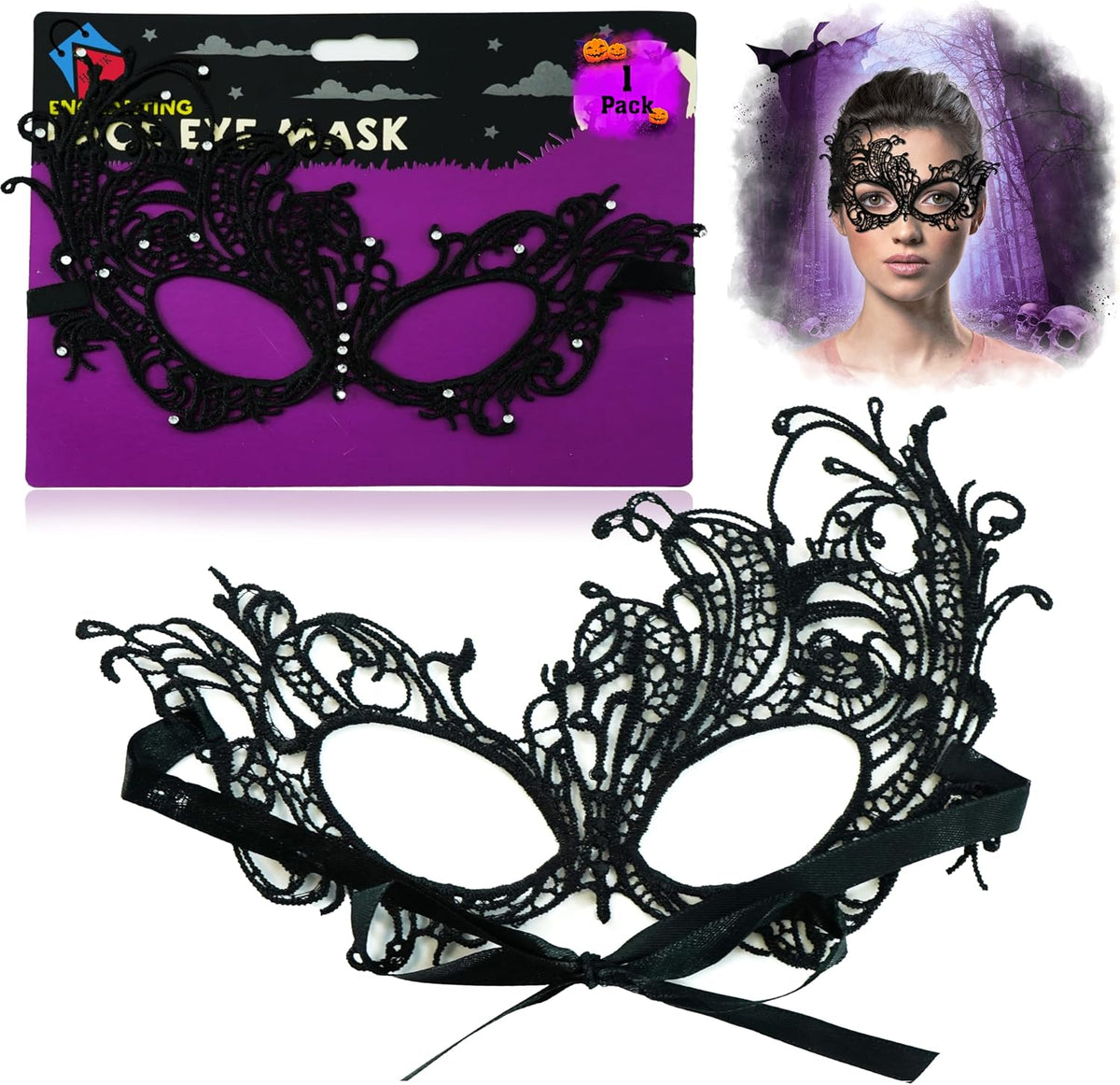 Black Lace Masquerade Halloween Eyemask for Women 22.8cm