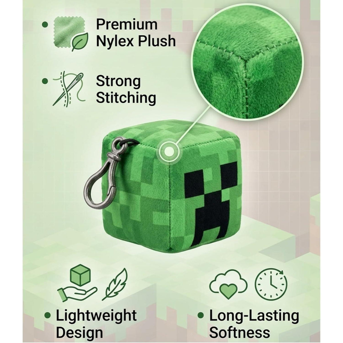 Minecraft Creeper Kids Licensed Minecraft Plush Cube Clip-On Keychain – view 4