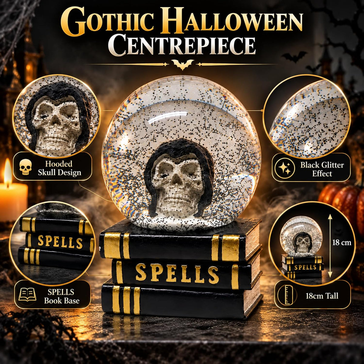 Halloween Snow Globe Decoration with Skull Head 18cm