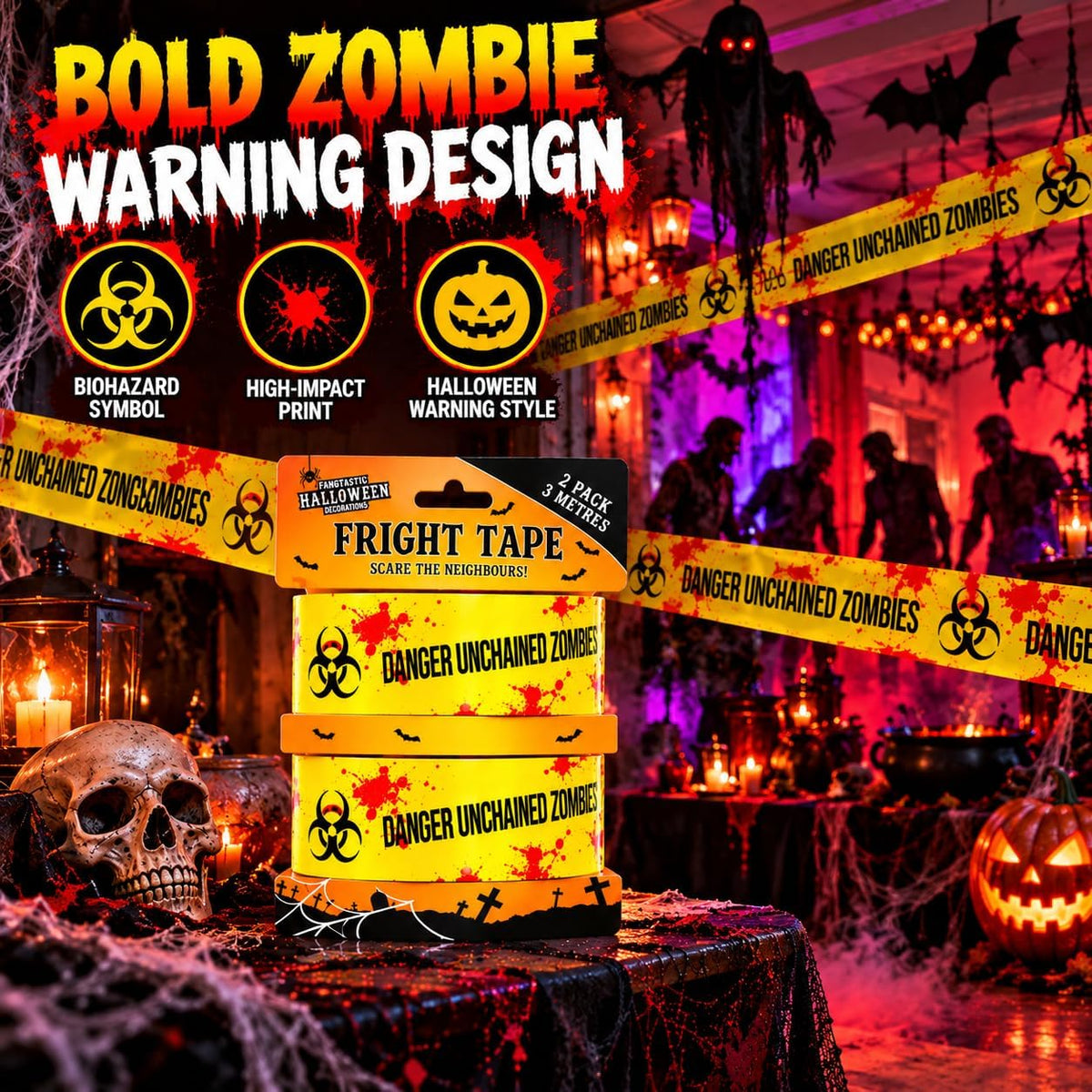 Halloween Fright Tape DANGER UNCHAINED ZOMBIES 2 Rolls