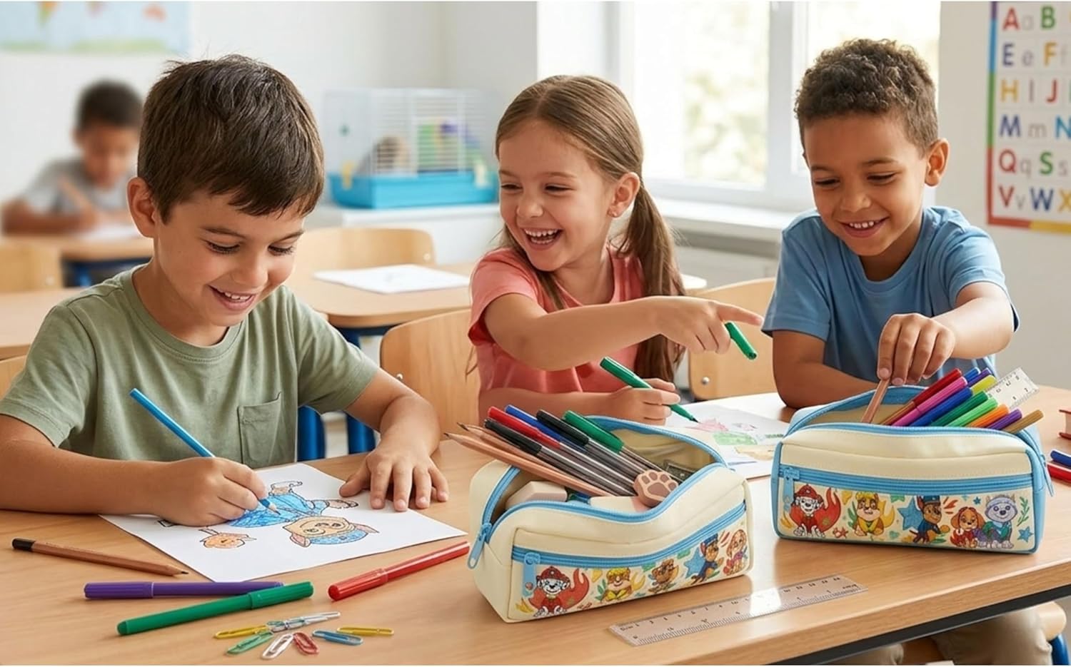 Kids Double Compartment Pencil Case 22cm Zip Stationery Pouch