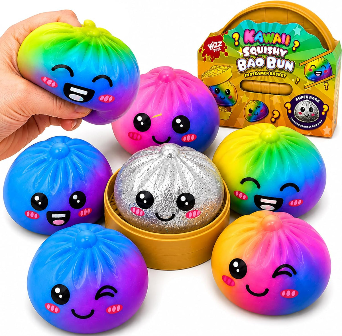 8.5cm Rainbow Dumpling Squishy Toy (Super Rare Silver Glitter)