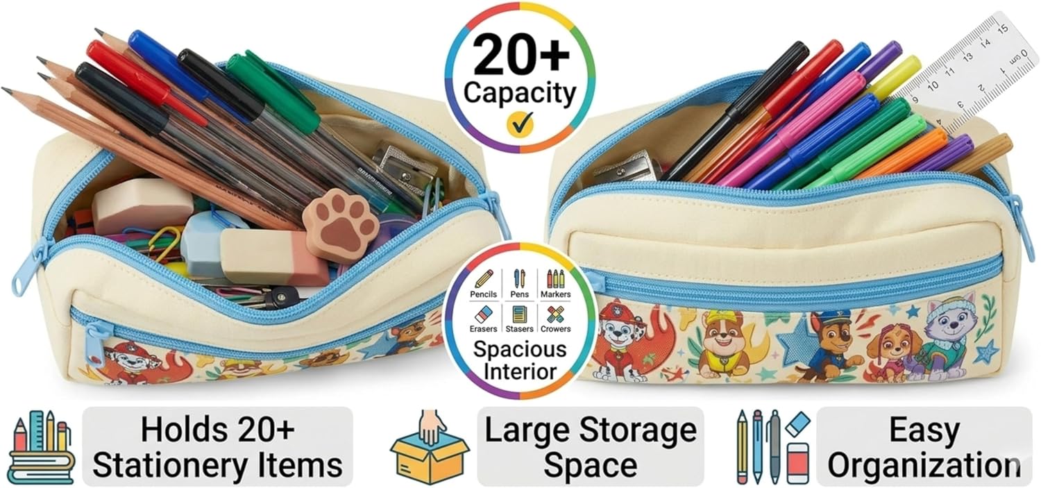 Kids Double Compartment Pencil Case 22cm Zip Stationery Pouch