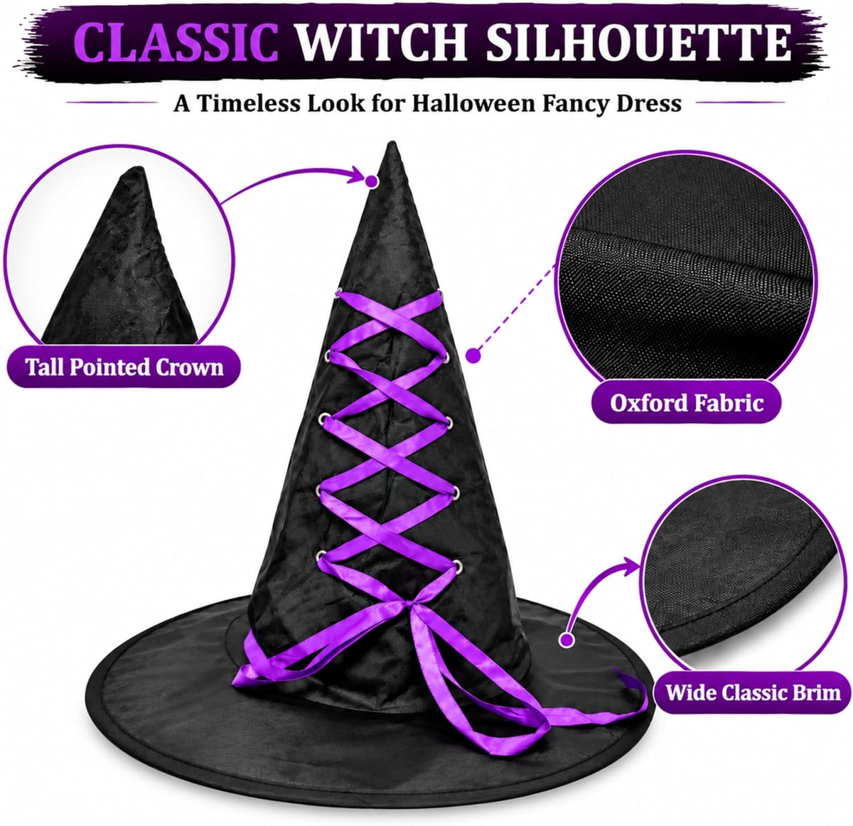 Black Halloween Witch Hat with Colourful Ribbon 40cm Tall