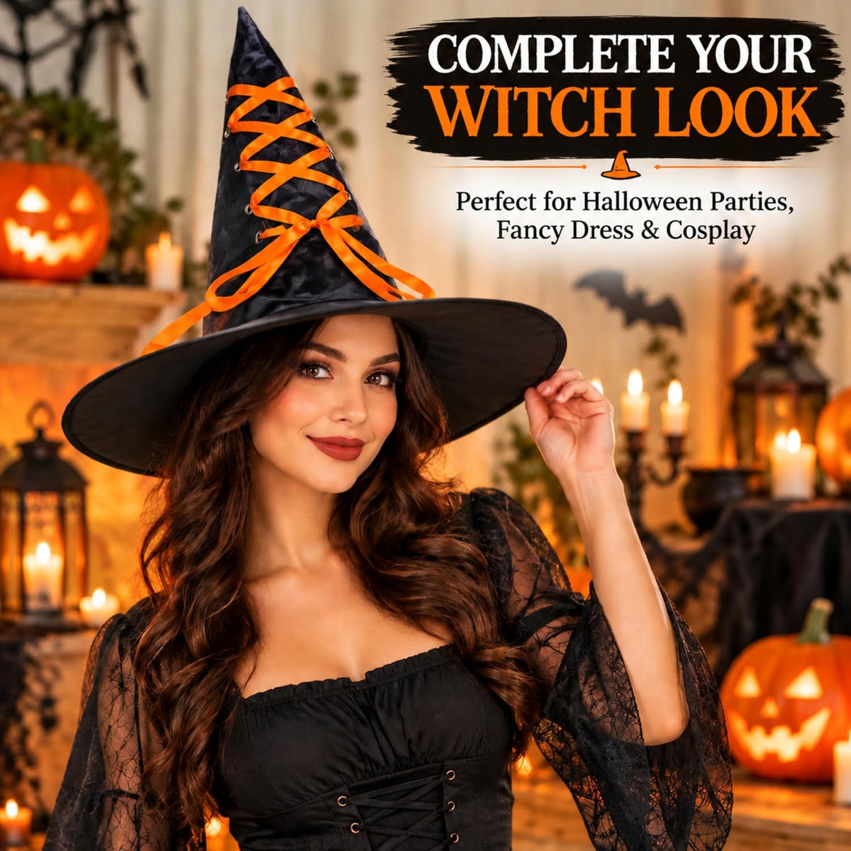 Black Halloween Witch Hat with Colourful Ribbon 40cm Tall