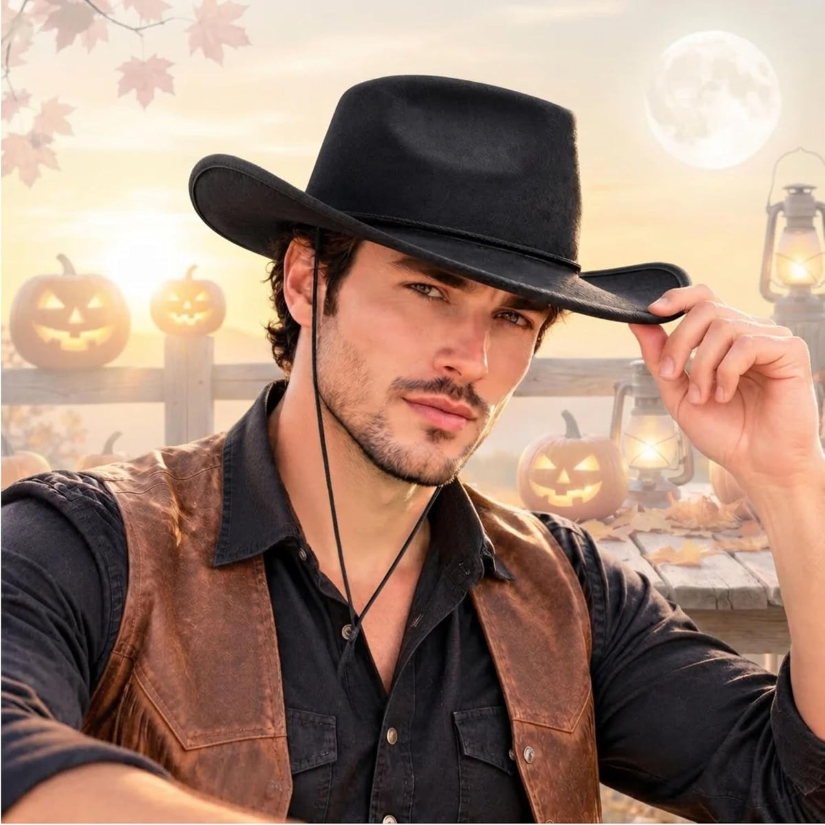 Halloween Cowboy Hat with Chin Cord for Adults