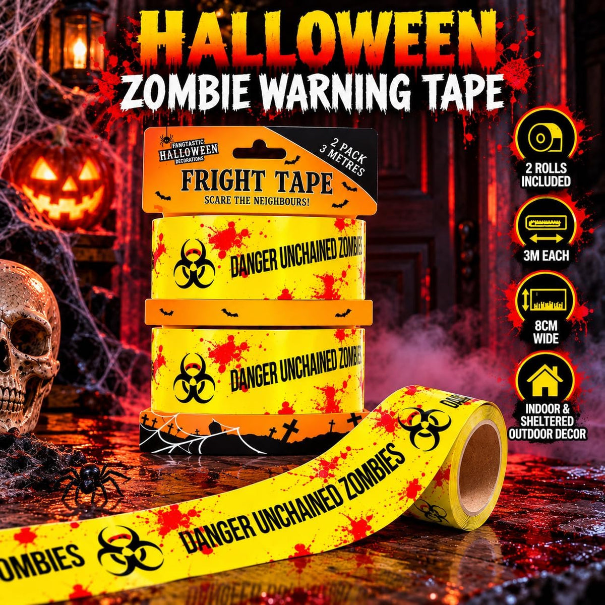 Halloween Fright Tape DANGER UNCHAINED ZOMBIES 2 Rolls