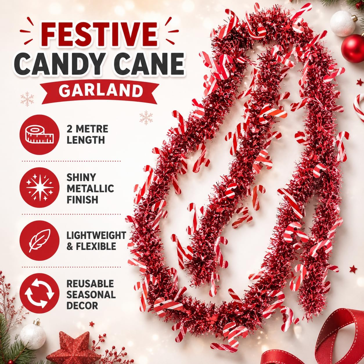 2M Candy Cane Tinsel Garland