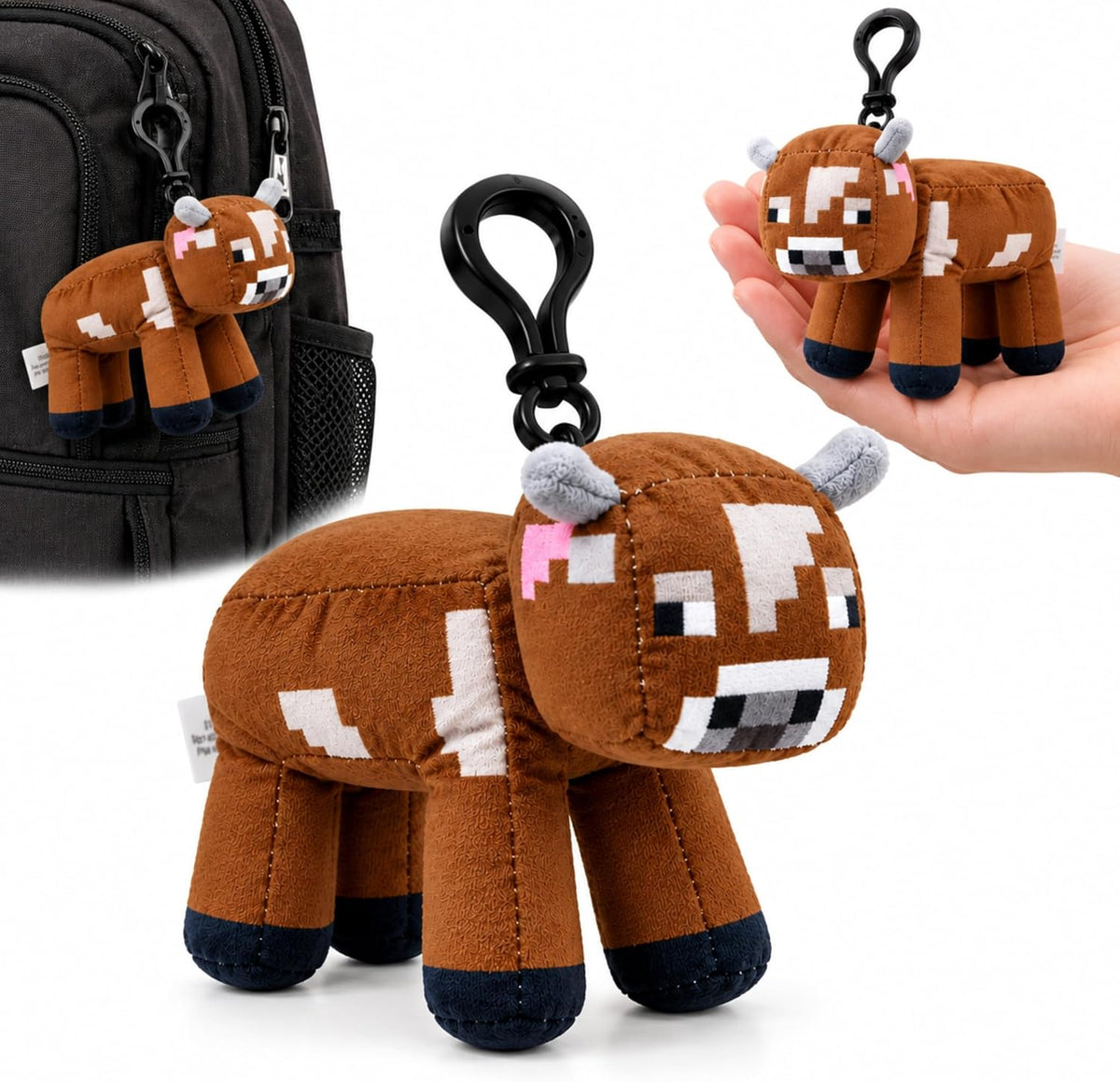 3D Minecraft Cow Plush Clip On Keyring