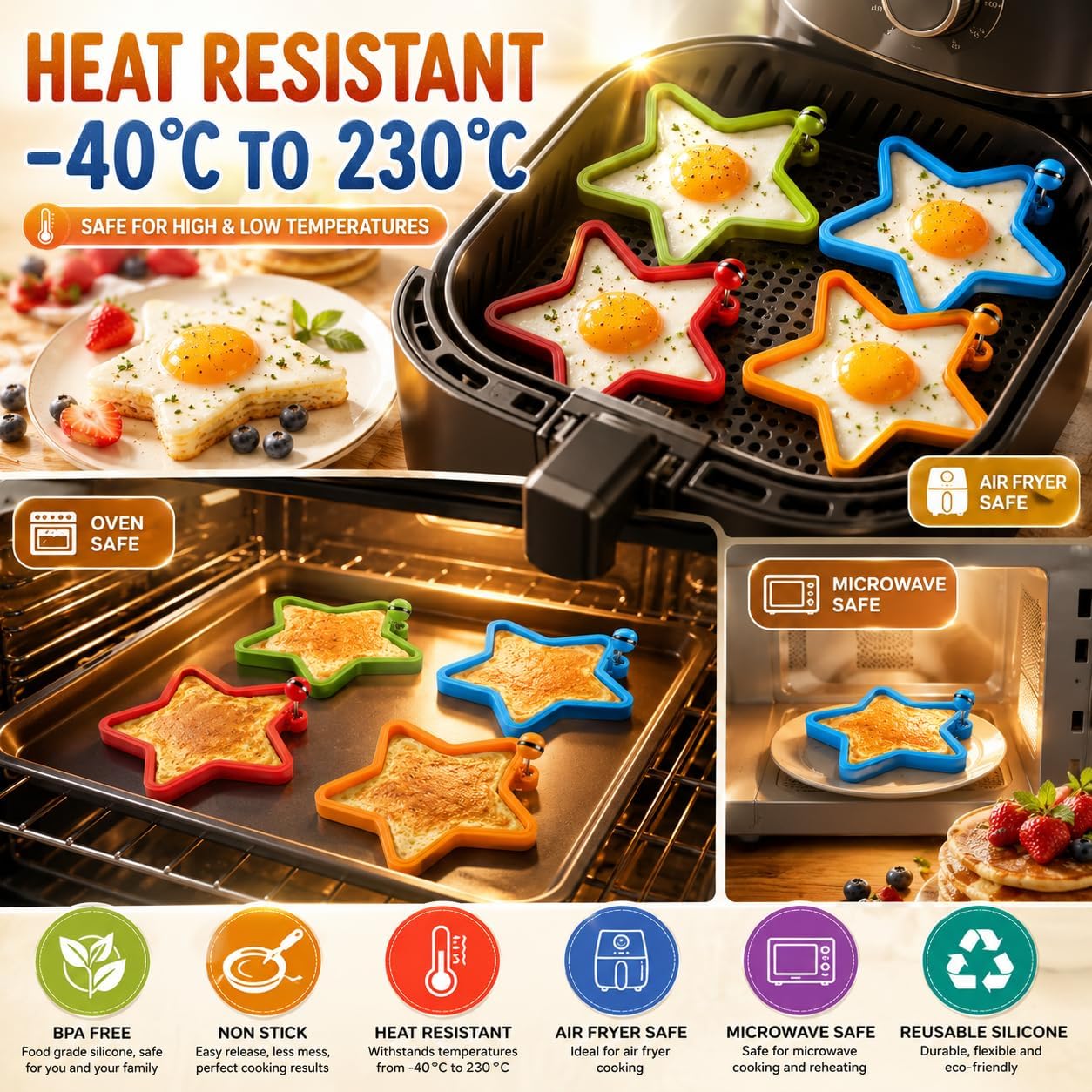 12x Star Silicone Egg Mould Rings with Handle