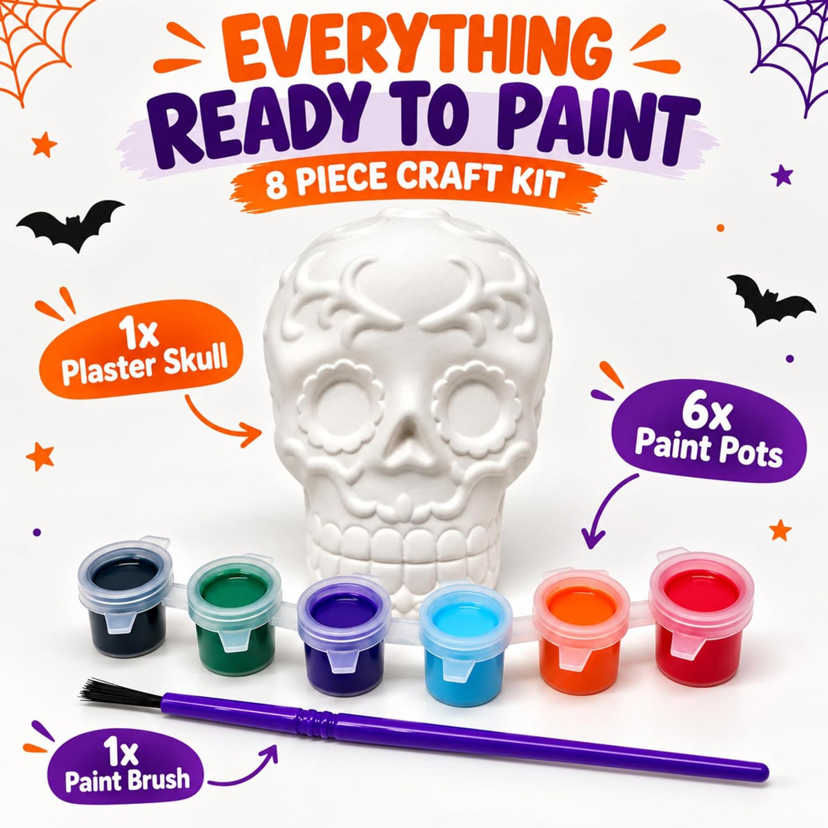 8PCs Halloween Paint Your Own Plaster Skull Craft Kit
