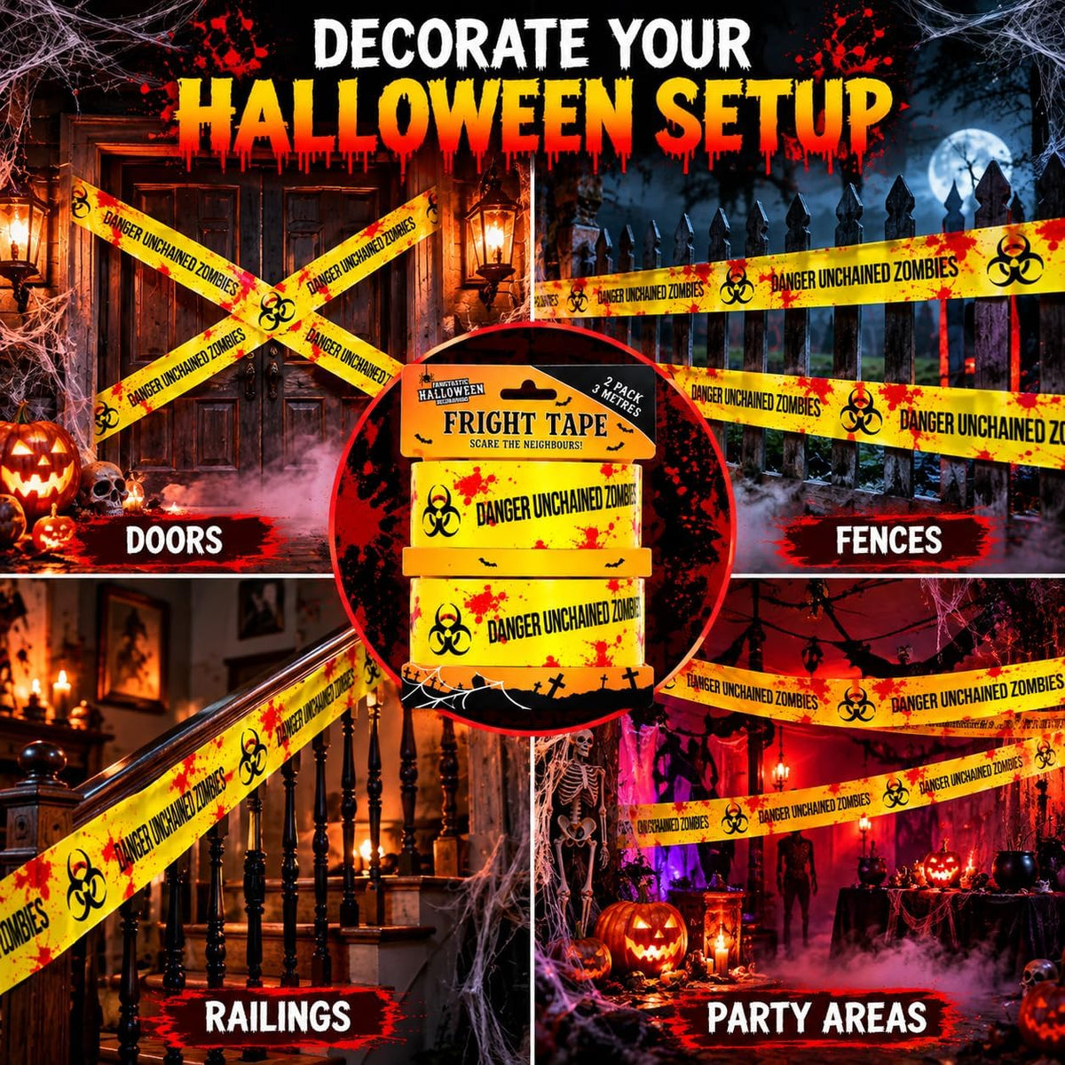 Halloween Fright Tape DANGER UNCHAINED ZOMBIES 2 Rolls