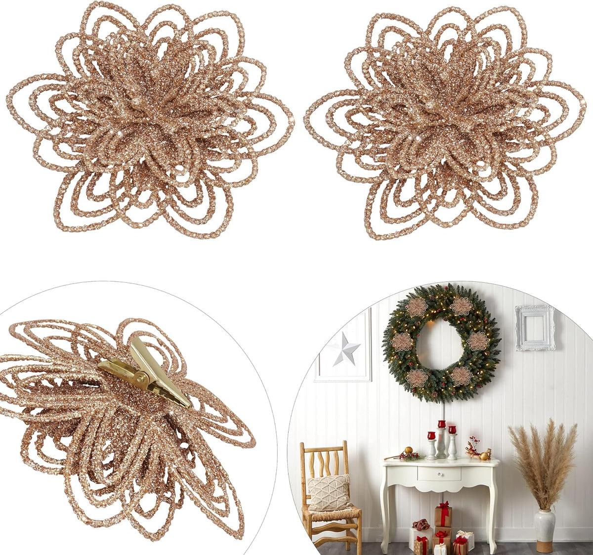 2Pcs Rose Gold Christmas Flower Clip Ornaments - 10cm
