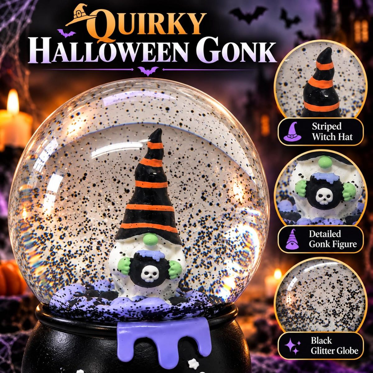 Halloween Gonk Snow Globe Decoration with Hocus 15cm