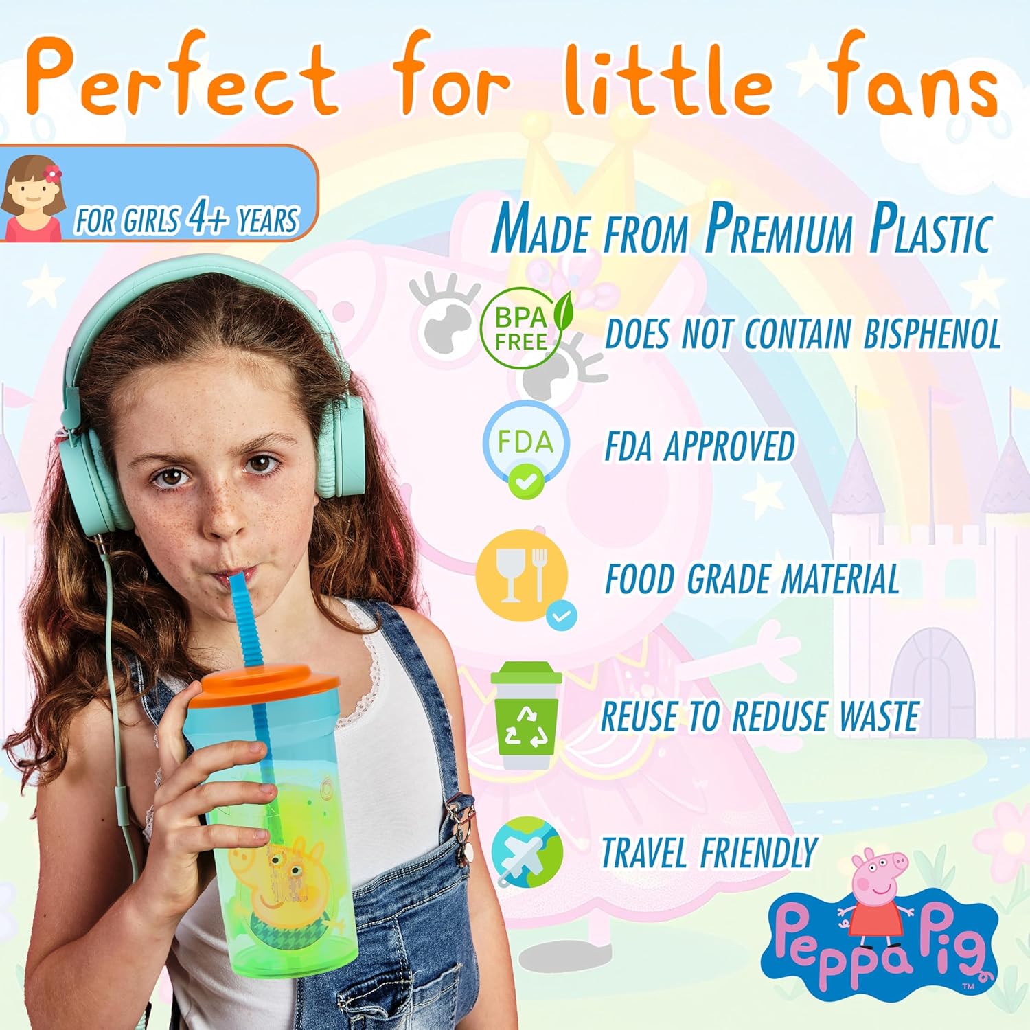 Kids Water Tumbler with Straw, 460ml