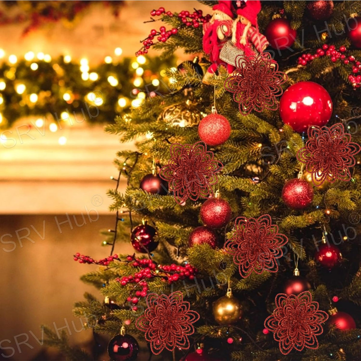 2Pcs Red Christmas Flower Clip Ornaments - 10cm