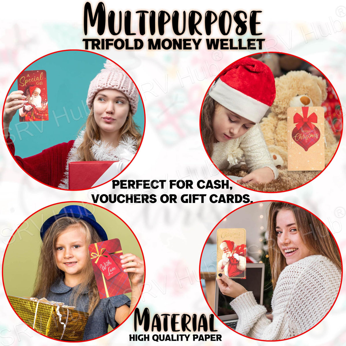 Traditional Christmas Money Wallet Cards 4Pcs with Envelopes