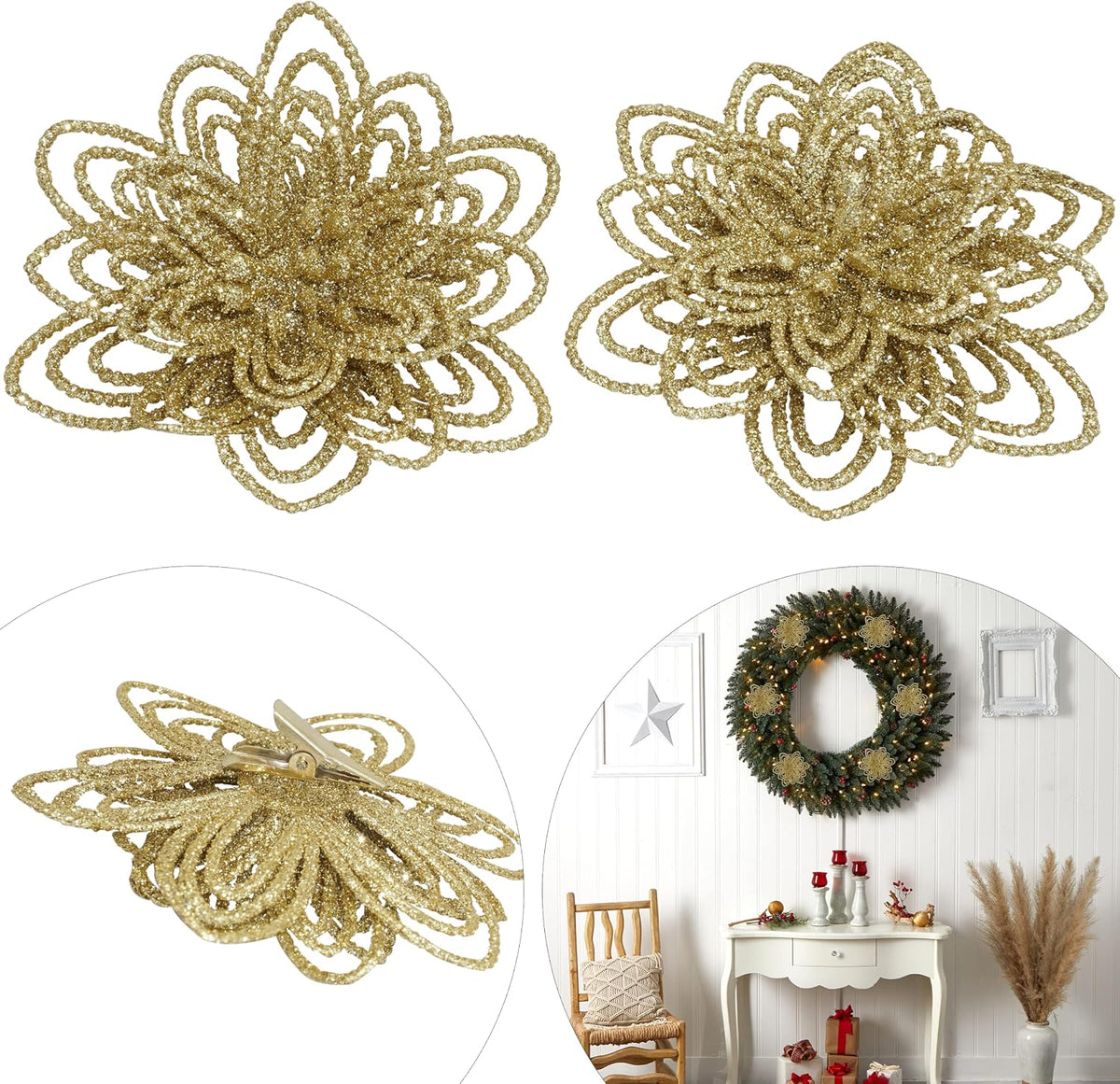 2Pcs Gold Christmas Flower Clip Ornaments - 10cm