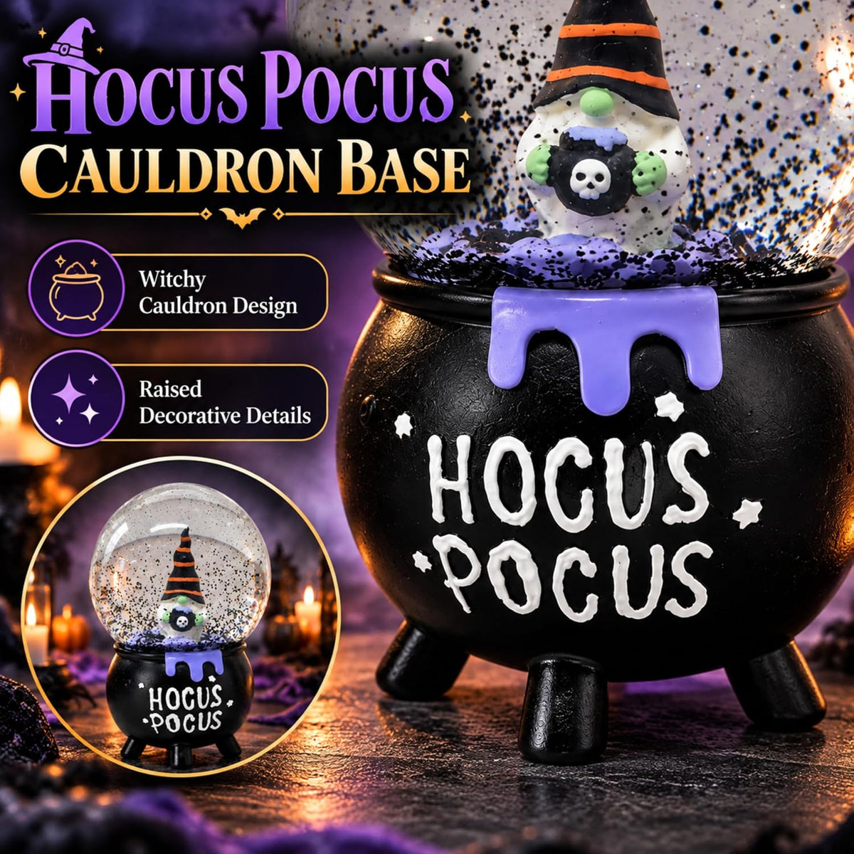 Halloween Gonk Snow Globe Decoration with Hocus 15cm