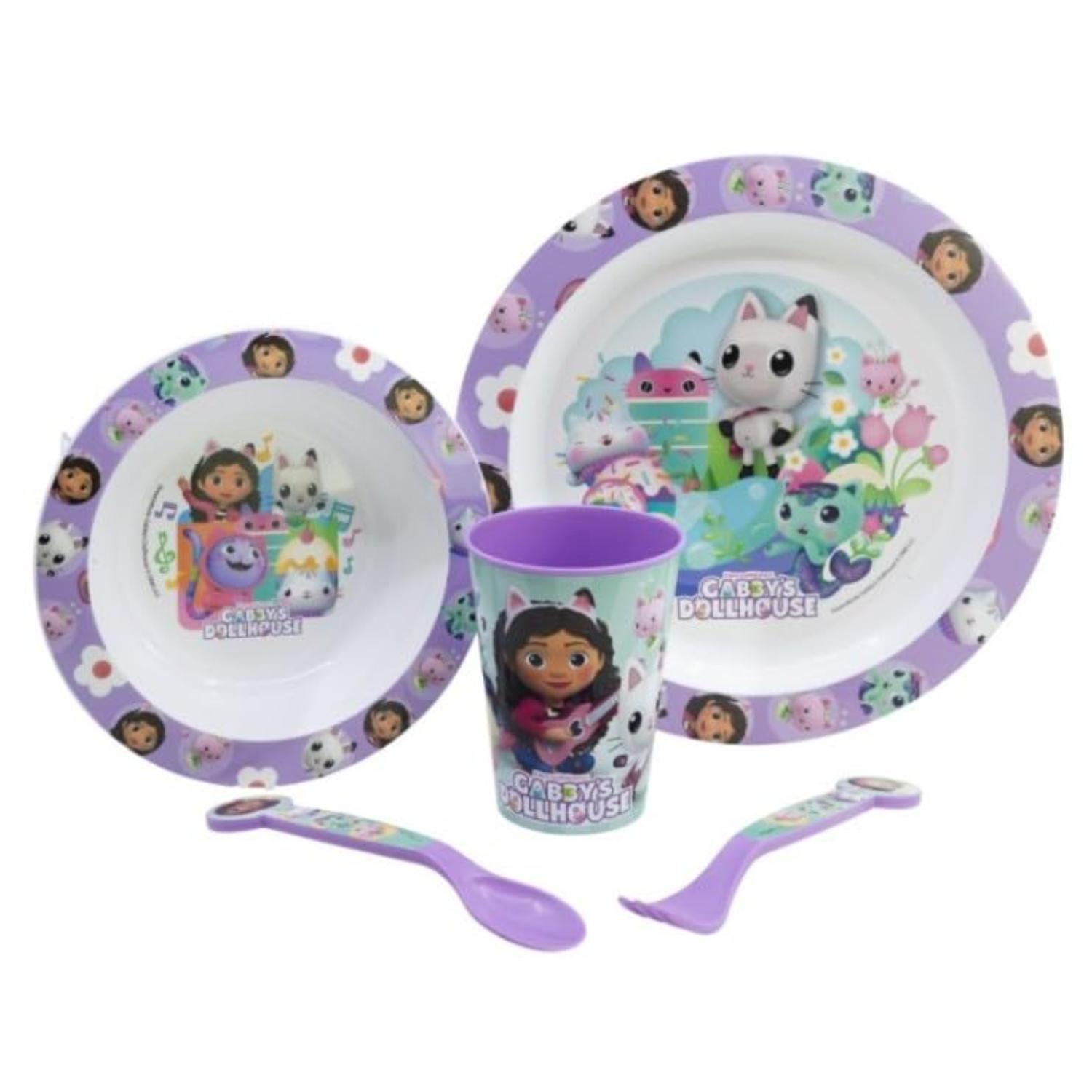 5 Piece Kids Dinnerware Set BPA-Free Plastic Plate Bowl Cup Fork &amp; Spoon