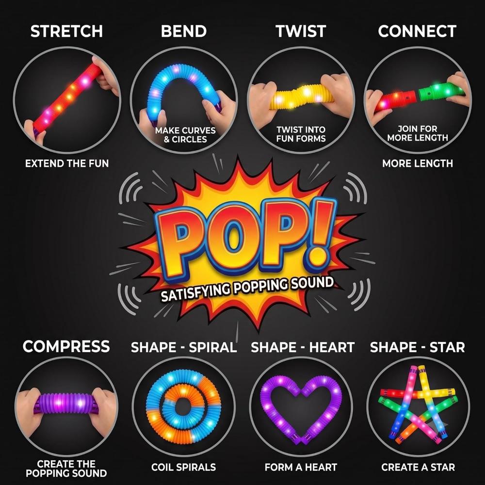 20cm Light Up Pop Tubes Fidget Toys 4Pk