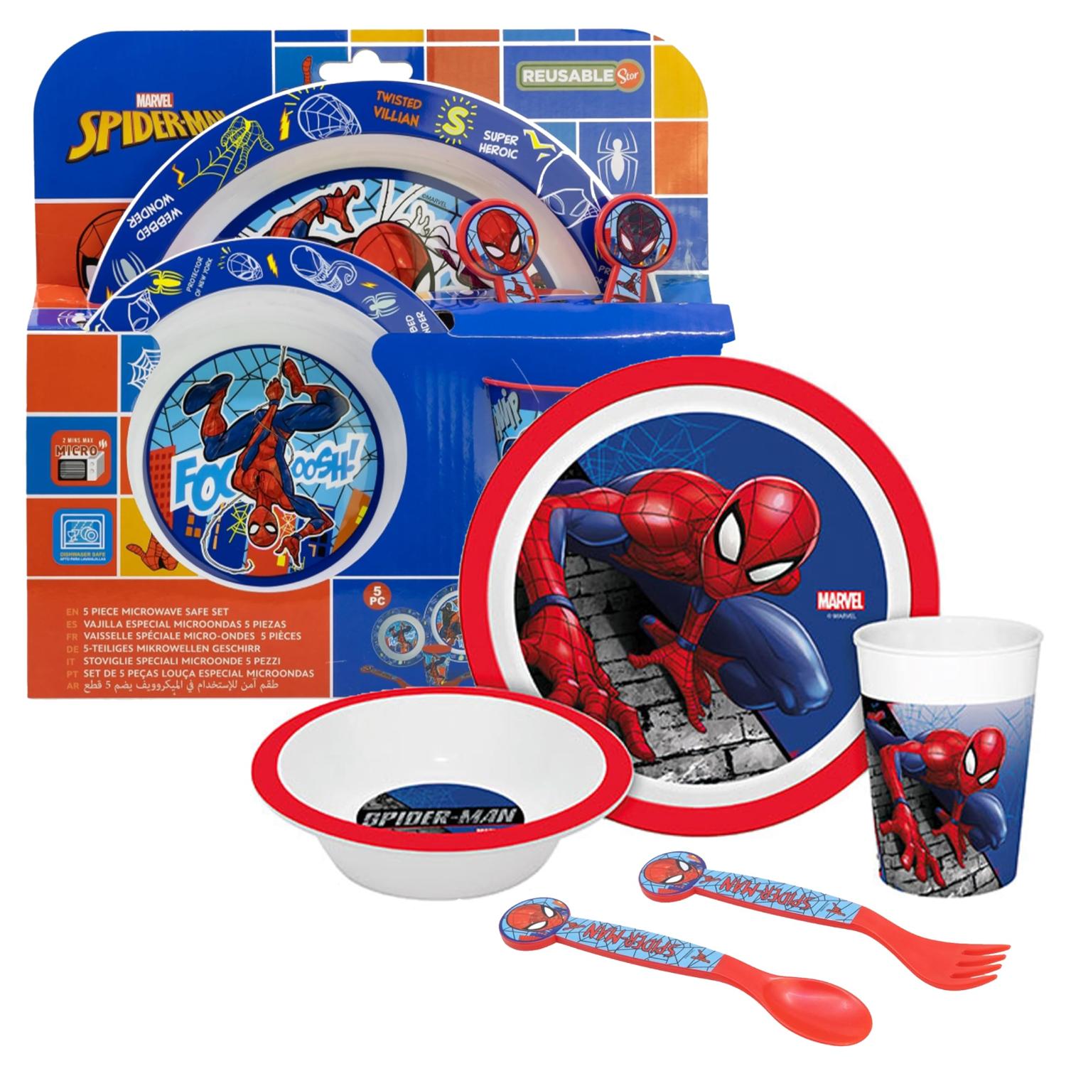 5 Piece Kids Dinnerware Set BPA-Free Plastic Plate Bowl Cup Fork &amp; Spoon
