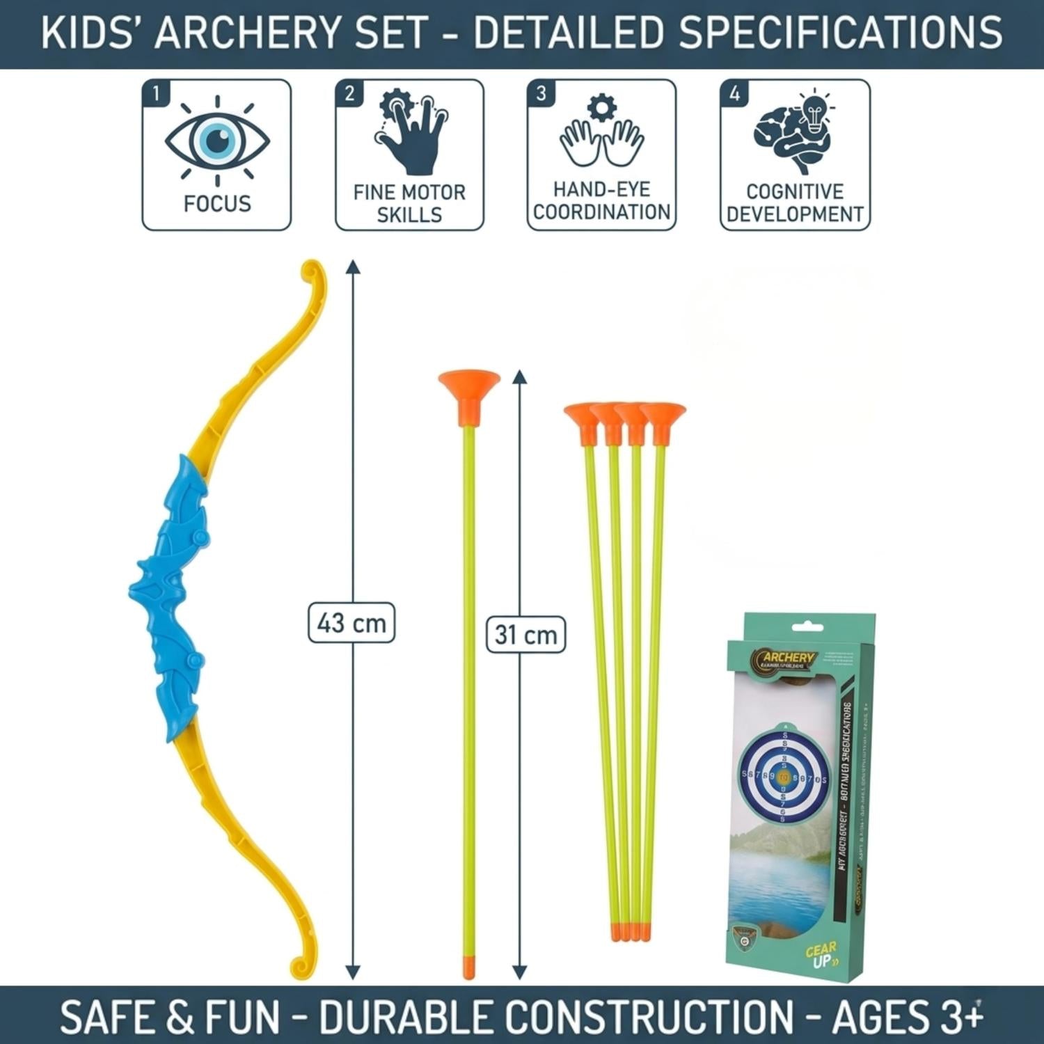 43cm Kids Archery Set with Bow, Arrow, Suction Arrows & Target – Assorted