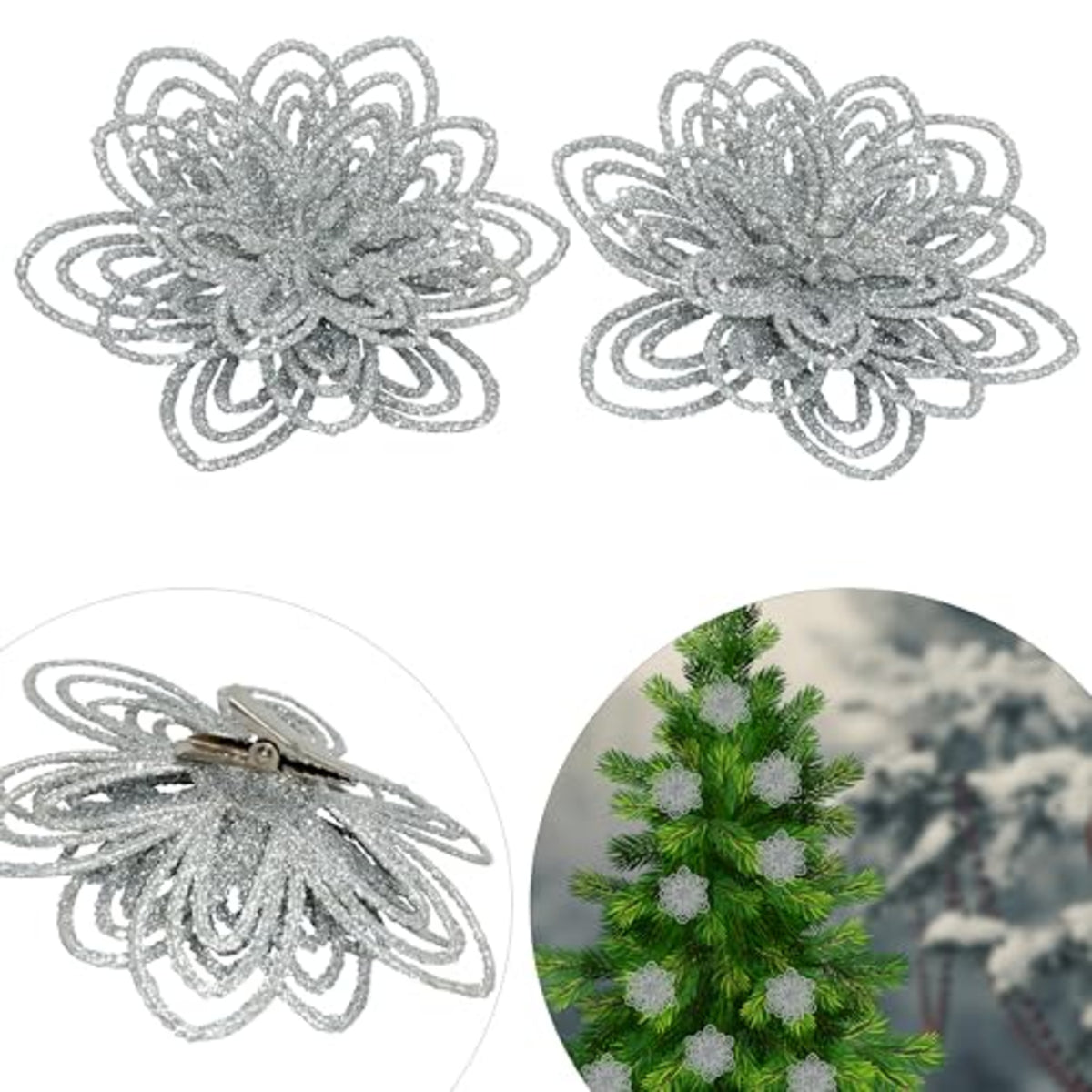 2Pcs Silver Christmas Flower Clip Ornaments - 10cm