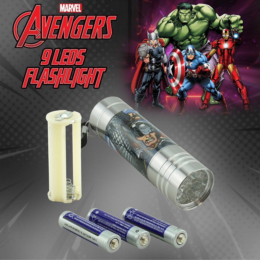 Kids Aluminum 9 LED Torch with Colours for Boys - Avengers (Silver New)