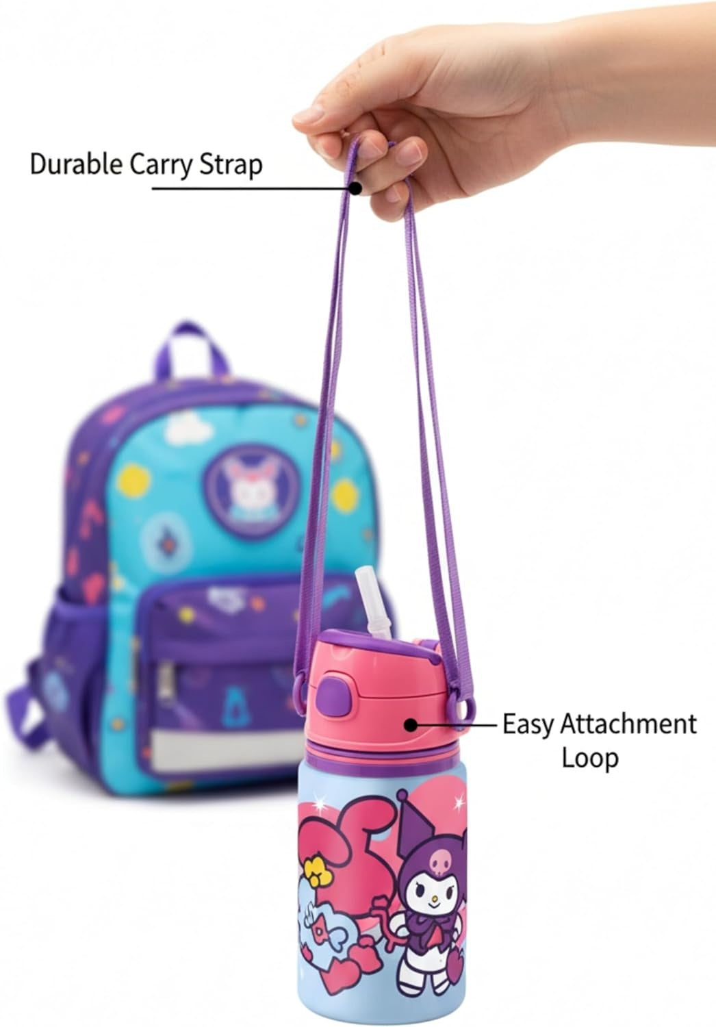 Aluminium Water Bottle with Straw & Strap 600ml - Assorted